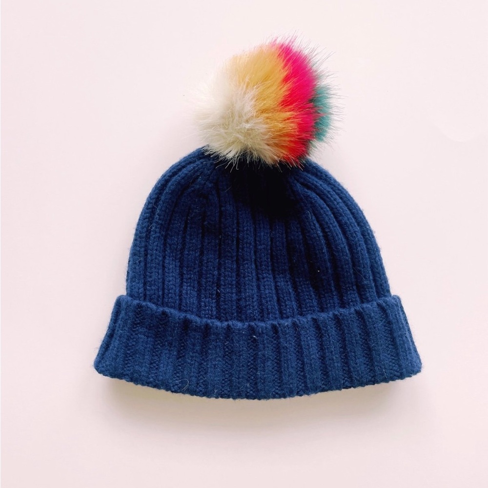 J.Crew Blue Knit Beanie with Multicolor Pom Pom